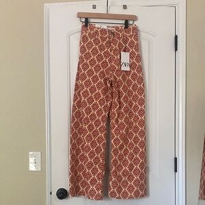 Zara Red Patterned Boot Cut Jeans